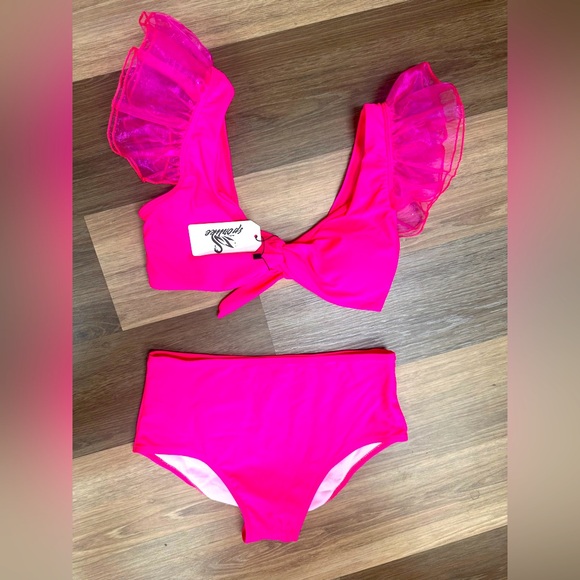 SPORLIKE Women Ruffle High Waist Bikini Swimsuit NWT Medium Hot Pink - Picture 1 of 12
